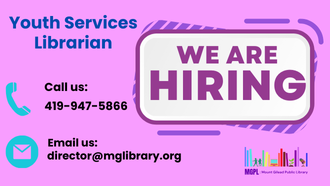 We are hiring! Youth Service Librarian. Call or email. 